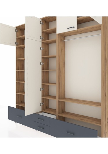 Arges Dolap 18 Raflı 4 Çekmeceli Tek Askılı 220x30x243 Çam-aytaşı/antrasit Aytası/antrasıt