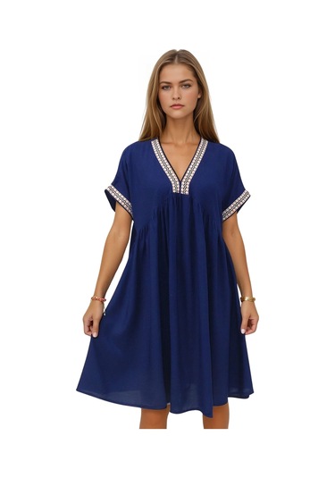 V Yaka Hasır Örgü Detaylı Kısa Viskon Elbise Lacivert