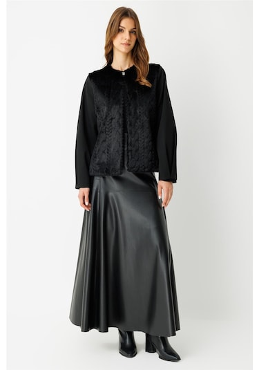 Kürk Ceketli Deri Etekli Takım Siyah Siyah