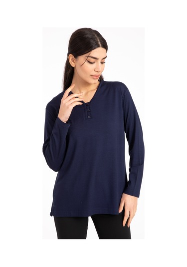 Kadın Orta Yaş ve Üzeri Dört Mevsim V Yaka Rahat Kalıp Likralı Viskoz Anne Penye Bluz 140-Lacivert