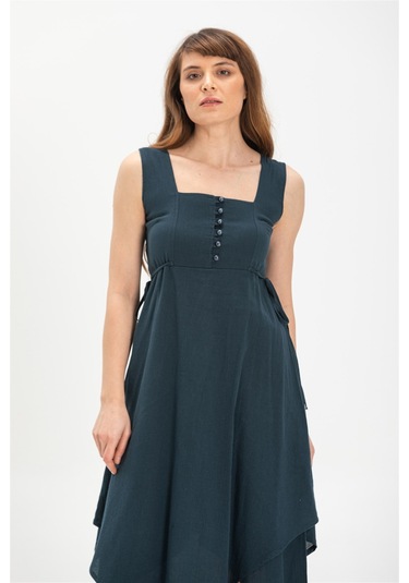 Kolsuz Şile Bezi Üçgen Katlı Midi Boy Elbise Petrol Ptrl Petrol