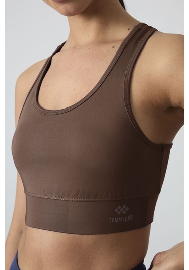 Kahverengi Sırt Detaylı Dar Kalıp U Yaka Kadın Spor Büstiyer - 97120 Kahverengi