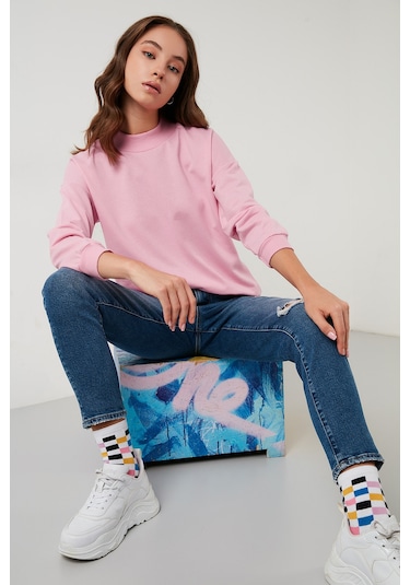 Lela Pamuklu Dik Yaka Basic Örme Bayan Sweat 5863323 Pembe