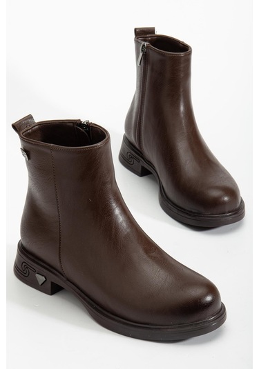 Kadın Bot Kahve Suni Deri Kauçuk Taban Yüzüdüz-4218 Kahve