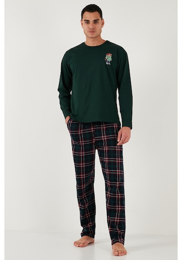 Buratti Ekoseli Regular Fit Yüksek Bel Cepli Bisiklet Yaka Erkek Pijama Takımı 6574002 Yeşil