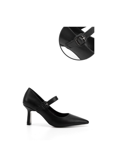 Gönderi R Siyah Sivri Burun Kadeh Ökçe Mary Jane Ayakkabı Siyah