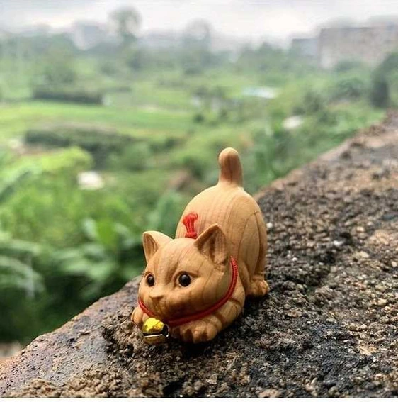 Trendooze Ahşap Kedi Figürü - Doğal Masüstü Dekor Çay Töreni El Yapımı Cloud011