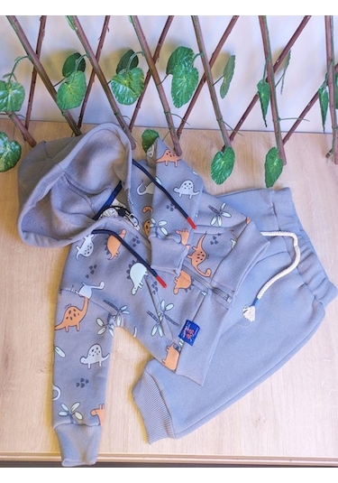 Erkek Çocuk Bebek Dinazor Desenli Kapşünlu Ve Fermuarlı 2 Li Takım-641 Mavi