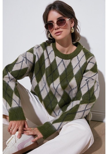 Lela Oversize Fit Bisiklet Yaka Baklava Desenli Yumuşak Dokulu Bayan Kazak 4616223 Haki