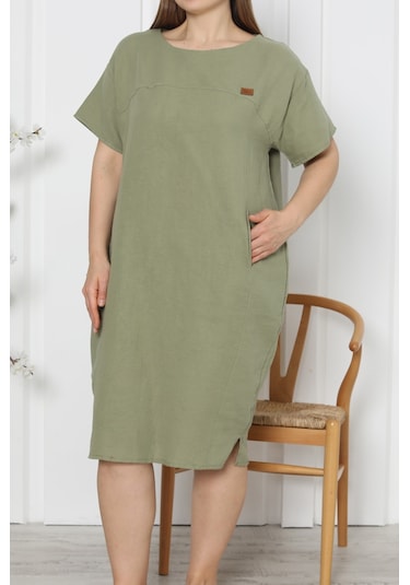 Kadın Tunik Gecelik Kısa Kollu Büyük Beden Cepli Keten Kiremit 92277 R11 Kiremit