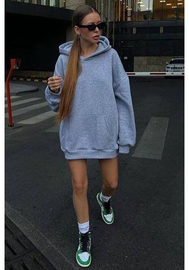 Madmext Grimelanj Kapüşonlu Şardonlu Oversize Sweatshirt Mg1566 Gri Melanj