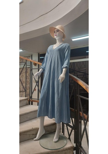 İtalyan V Yaka Uzun Kol Keten Elbise-8907 Kot Mavisi Mavi