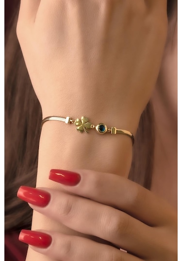 Fiyonk Kuyumculuk 14 Ayar Altın Şans Yoncası Ve Göz Detaylı İtalyan Balıksırtı Bileklik Blk8073 Beyaz Altın