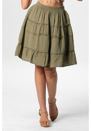 Benan Beli Lastikli Kısa Yazlık Müslin Etek Haki Hk-haki Haki