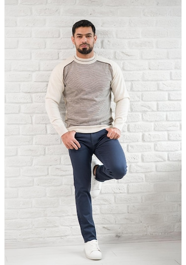 San&fa Yarım Balıkçı Desenli Slimfit Yünlü Triko Kazak Krem
