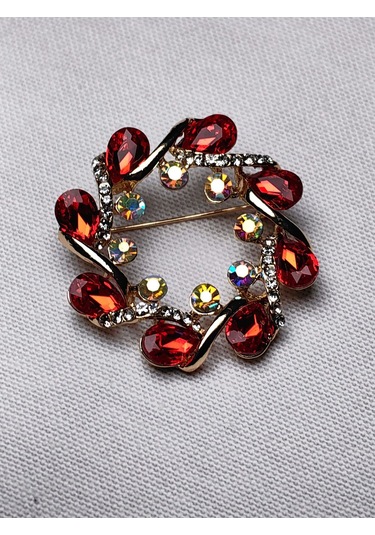 Kırmızı Taşlı Taç Formlu Broş Işıltılı Altın Detaylı Aksesuar Gold