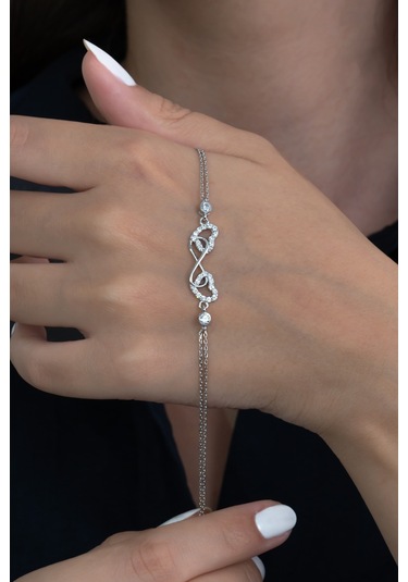 Sonsuzluk Çift Kalp Tek Taşlı Gümüş Bileklik Wsb32