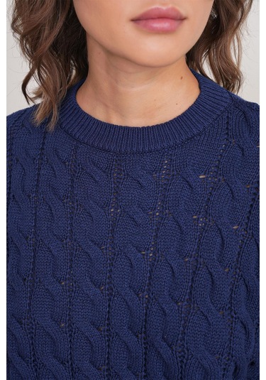 6863 Kadın Saç Örgülü Crop Triko Kazak Lacivert Lacivert