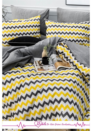 Battal Boy Lüks Pamuklu Nevresim Seti Sarı Zikzak Desen Çok Renkli