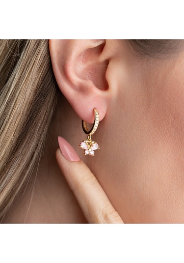 Vaoov 925 Ayar Gümüş Pembe Taşlı Sallantılı Kelebek Küpe Altın