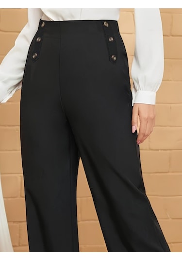 Ge Ticaret Kadın Düğme Detay Bol Paça Ithal Krep Pantolon Siyah