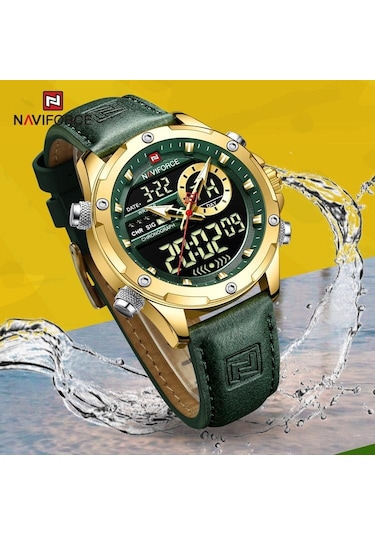 Naviforce Nf9208 Çift Ekran Kuvars Analog Lcd Dijital Erkek Saat Deri Kayış Gümüş - Yeşil