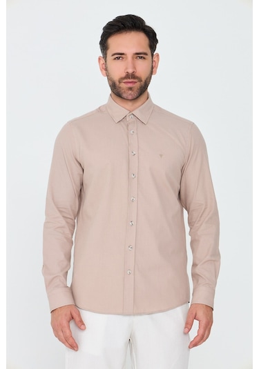 White Stone Açık Kahverengi %100 Pamuk Regular Fit Erkek Uzun Kollu Gömlek A.Kahverengi