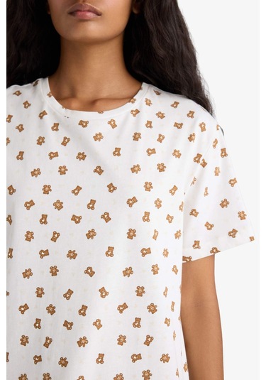 Defacto Regular Fit Bisiklet Yaka Kısa Kollu Desenli Gecelik-fall İn Love F9839ax25auer85 Ekru