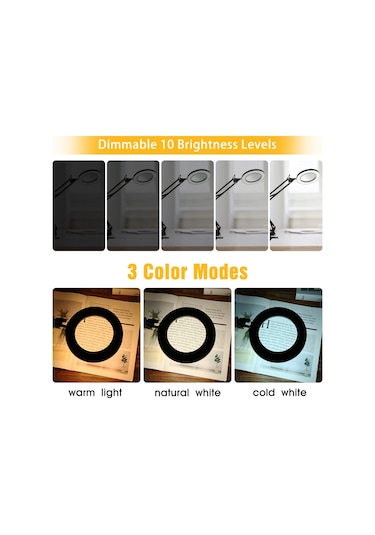 Tomshine Siyah Tomshine Esnek Kelepçeli Masa Lambası, 8x Büyüteçli