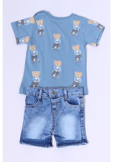 Erkek Bebek Şortlu Takım Kot Şortlu Çıtçıt Detaylı Baskılı B26 mavi