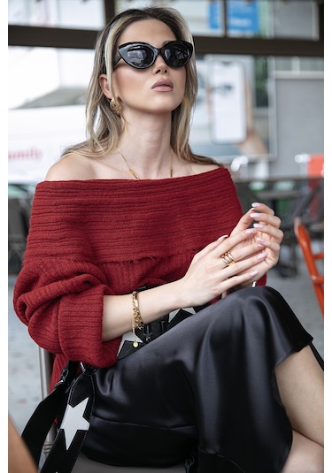 Lela Oversize Fit Madonna Yaka Triko Bayan Kazak 4615216 Kırmızı