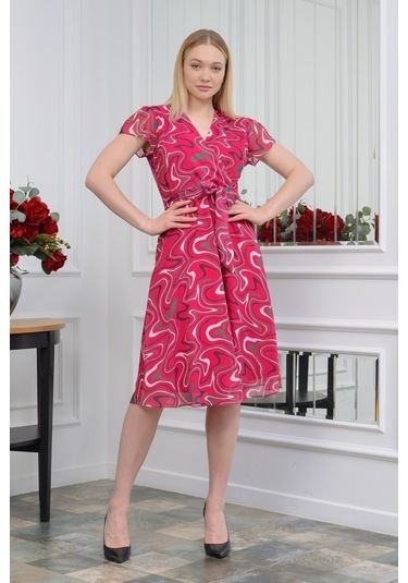 Kadın Desenli Kruvaze Yaka Midi Şifon Elbise 4445/110 001