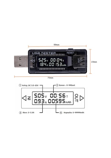 Led Ekranlı Usb Voltmetre Ampermetre Usb Şarj Kapasitesi Test Cih