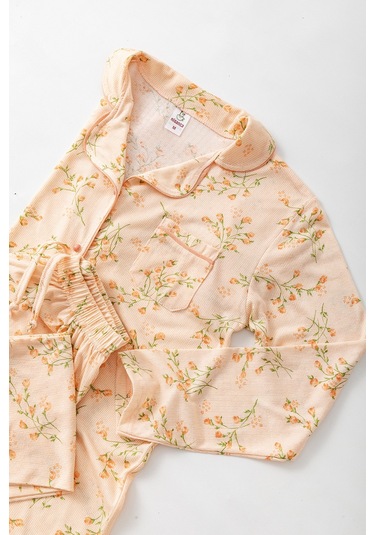 Uzun Kol Gömlek Yaka Kadın Pinterest Pijama Takımı - Mevsimlik Kadın Pijama- Geniş Beden Aralığı Turuncu