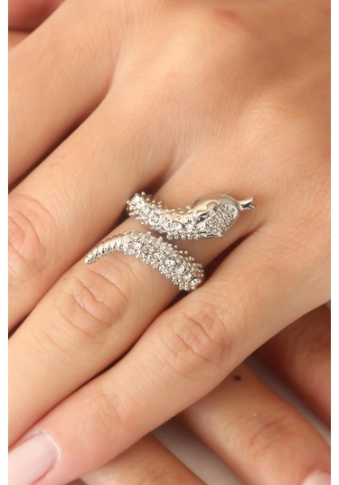 Gümüş Renk Zirkon Taşlı Ayarlanabilir Kadın Yılan Yüzük Gümüş