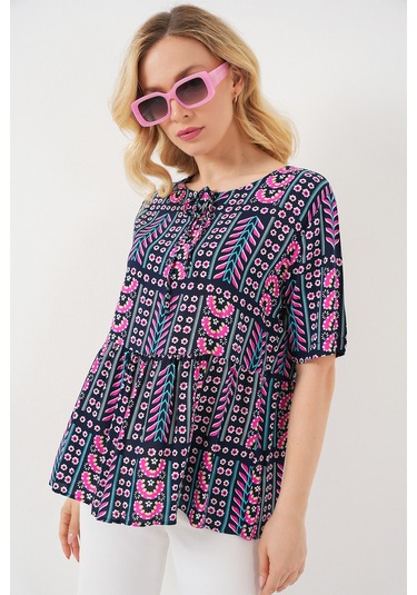 Kadın Desenli Kısa Kol Bluz 969 - Lacivert Lacivert