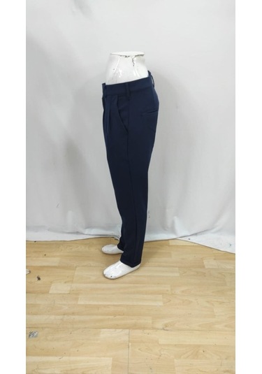 Erkek Belden Düğmeli Cepli Dokuma Pantolon Lacivert
