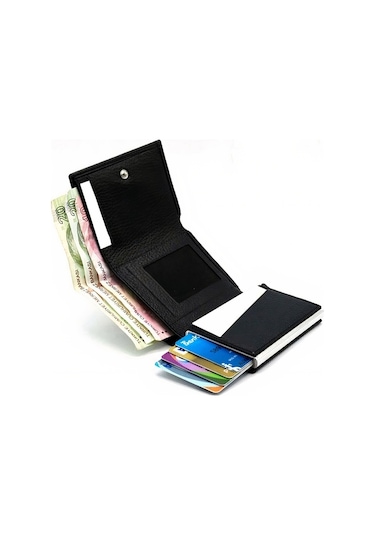 Otamatik Pop-up Mekanizmalı Rfıd Deri Kartlık Cüzdan Portföy Siyah Siyah Floter