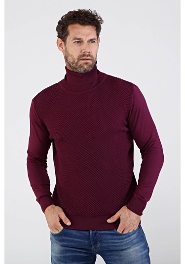 Çizgi Triko Erkek Tam Balıkçı Yaka Pamuklu Triko Kazak 4669E Mürd Mürdüm