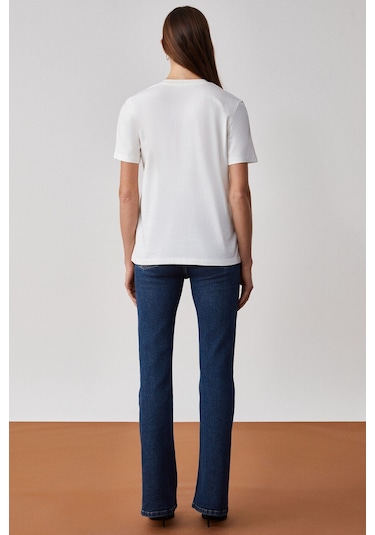 GRIMELANGE Alıne Kadın %100 Organik Pamuk Derin V Yakalı Comfort Fit Beyaz T-shirt Beyaz