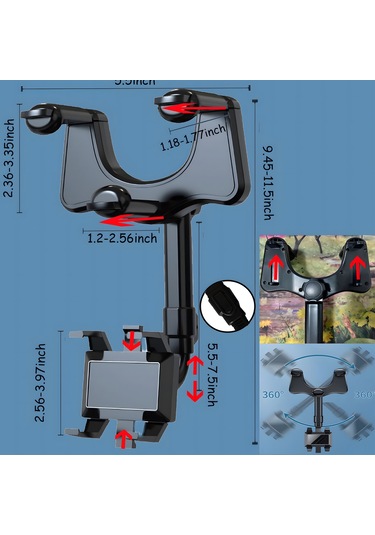 Youmex Araç Geribakış Aynası Telefon Tutucu - 3-6cm Kalınlık Uyumlu, Döner Ve Geri Çekilebilir Ar Navigasyon Stendi Siyah
