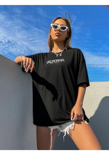 Kadın Siyah Oversiz California Baskılı Örme T-shirt Siyah