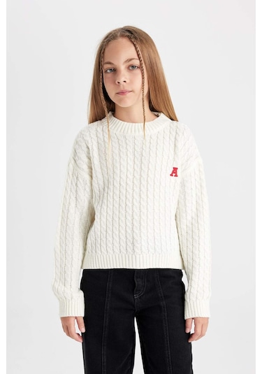 Defacto Kız Çocuk Ekru Standart Fit Bisiklet Yaka Triko Kazak C6973A824AUER233 Ekru