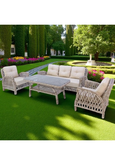 Mira Rattan Bahçe Oturma Grubu 3+1+1 Sehpalı Bahçe Takımı