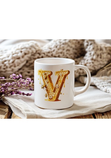 V Harfi Bal Arısı Tasarım Kupa Bardak - Bal Ve Petek Desenli Kişiye Özel Kahve Kupası - Hediyelik Beyaz