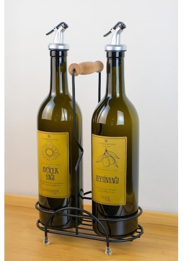 Digithome Petra 2'li Siyah Metal Standlı Ahşap Saplı Yağdanlık Seti Gold Etiketli Amber Yağlık 750 Ml