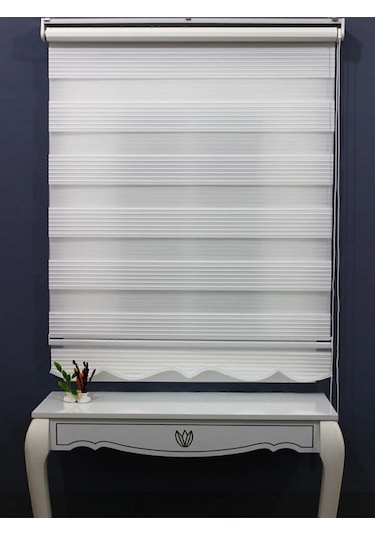 Geniş Pliseli Etek Dilimli Ekru Beyaz Zebra Stor Güneşlik Perde Beyaz