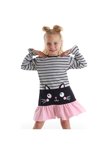 Denokids Siyah Kedi Kız Elbise Çok Renkli