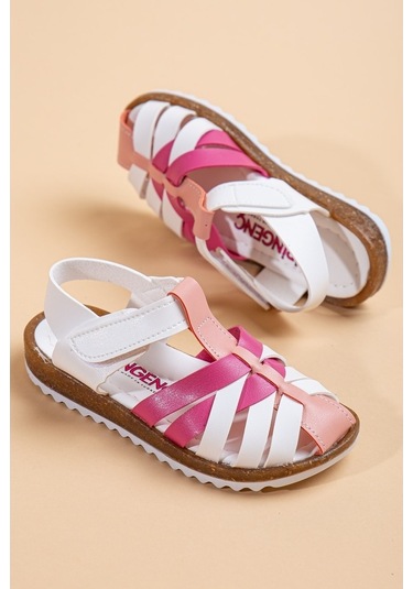 Şirin Bebe 01 Beyaz Pembe Kız Çocuk Sandalet Ayakkabı