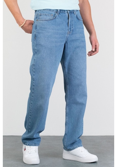 Erkek Açık Mavi Baggy Fit Bol Kesim Denim Loose Jeans Kot Pantolon Chris 001